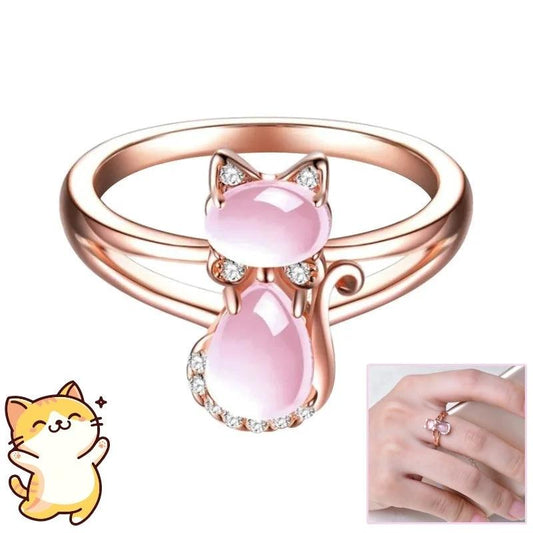 Rose Gold Crystal Cat Ring - Cute Animal Jewelry for Pet Lovers