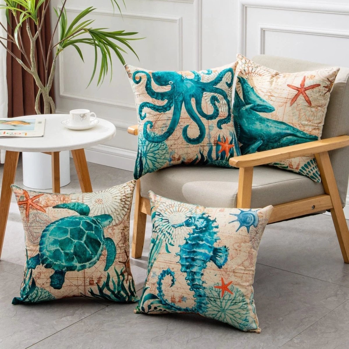 Mandotos Sea Turtle Printed Cushion Covers Linen Throw Pillow Cases For Home Decor Sofa Chair