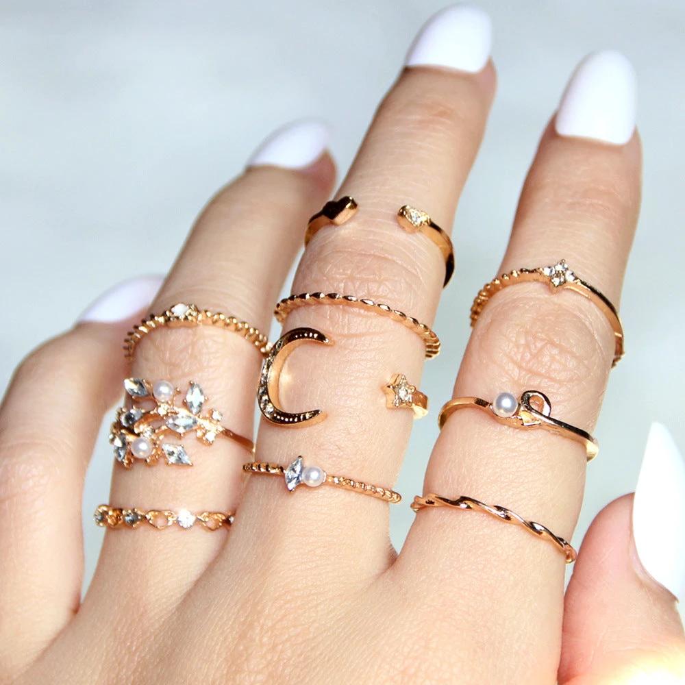 Mandotos Bohemian Star Moon Pearl Leaf 10-Piece Ring Set With Gold Finish And Stackable Designs