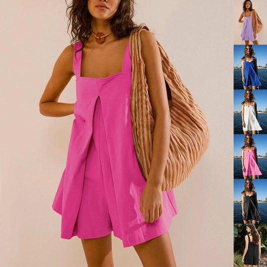 Square Collar Jumpsuit - Summer Shorts Suspender Skirt