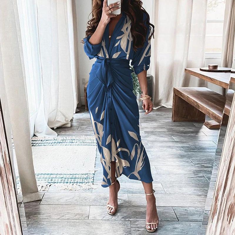 Mandotos European And American Print Long Sleeve Laceup Button Front Shirt Dress