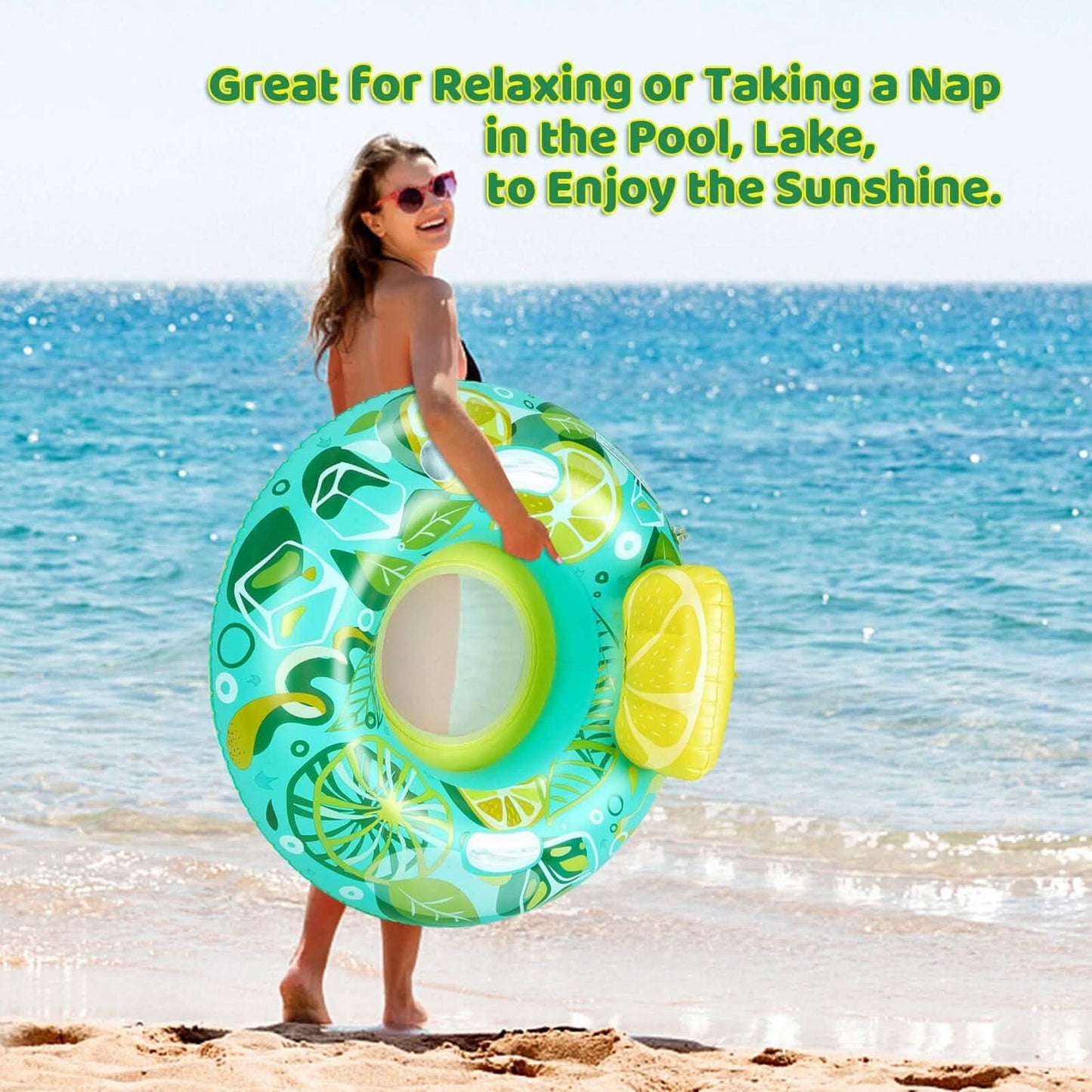 Inflatable Lounger Pool Float with Rubber Handle and Drink Holder