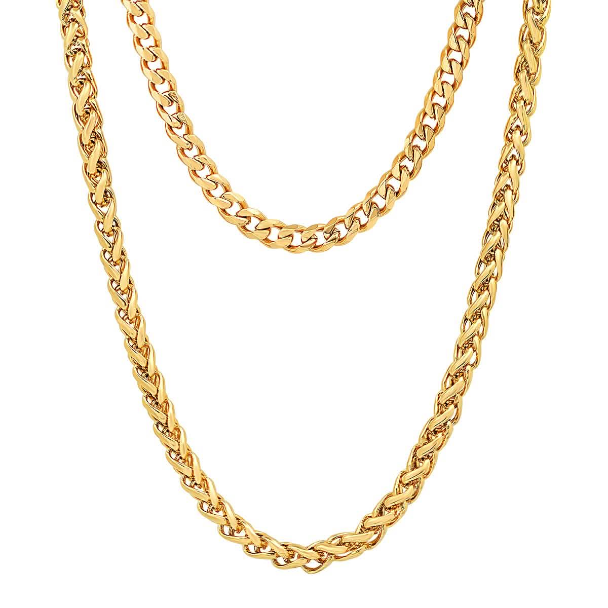 Men's Cuban and Wheat Chain Double Row Necklace
