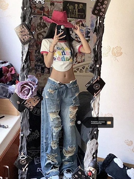 Plus Size American High Street Wide Leg Ripped Denim Women's Summer Retro High Waist Straight-leg Loose Mop Pants Pants