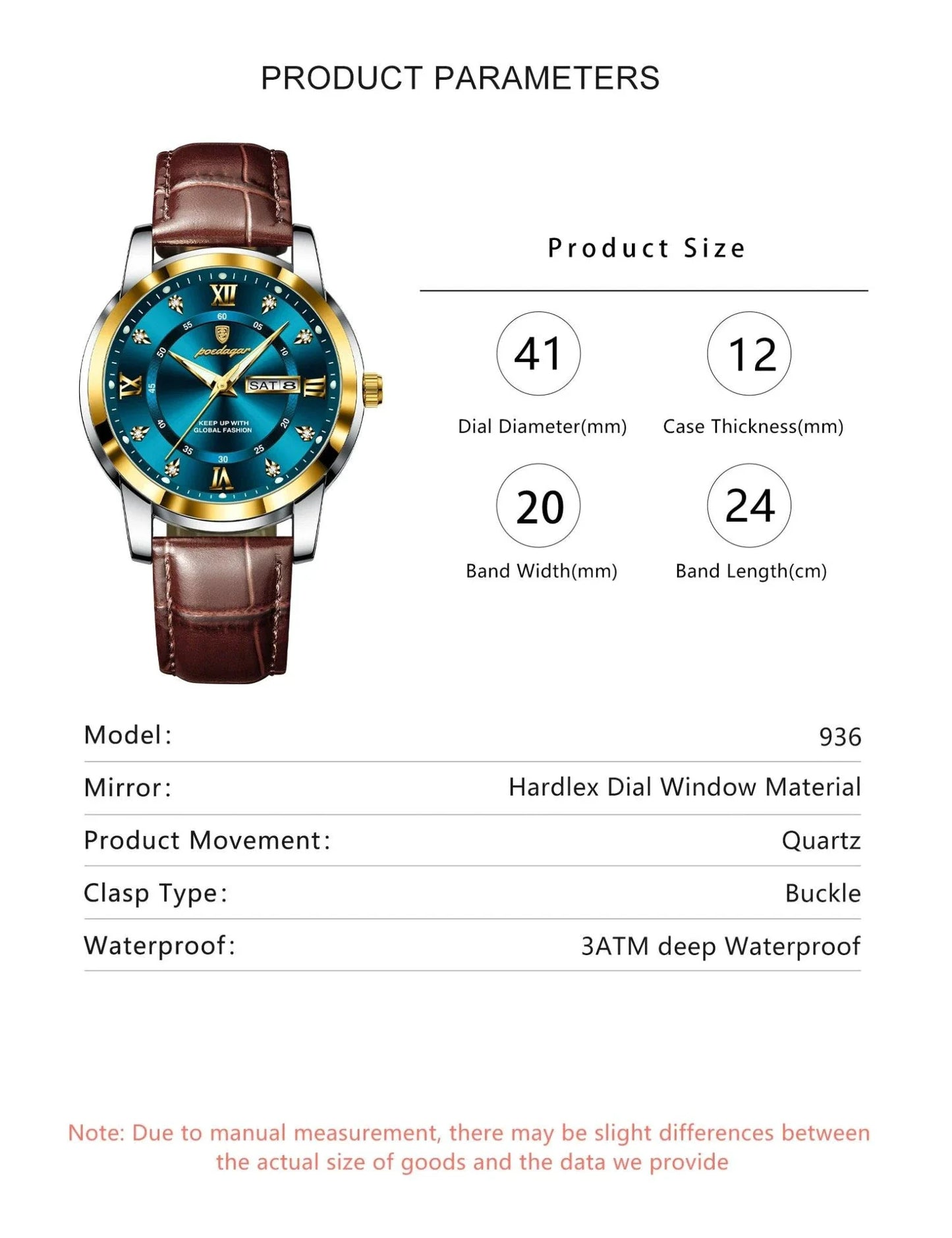 POEDAGAR Waterproof Leather Men's Quartz Watch