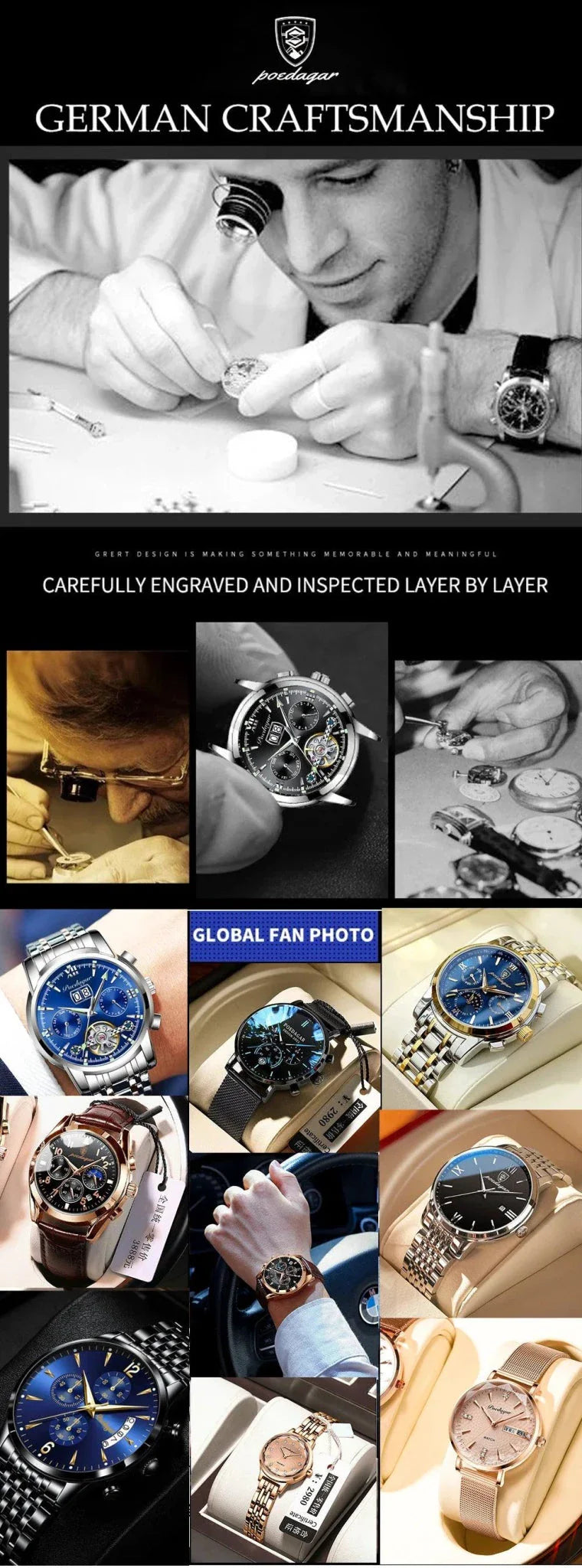 POEDAGAR Men's Luxury Quartz Chronograph Watch - Waterproof, Luminous, Leather - Military Sports Style