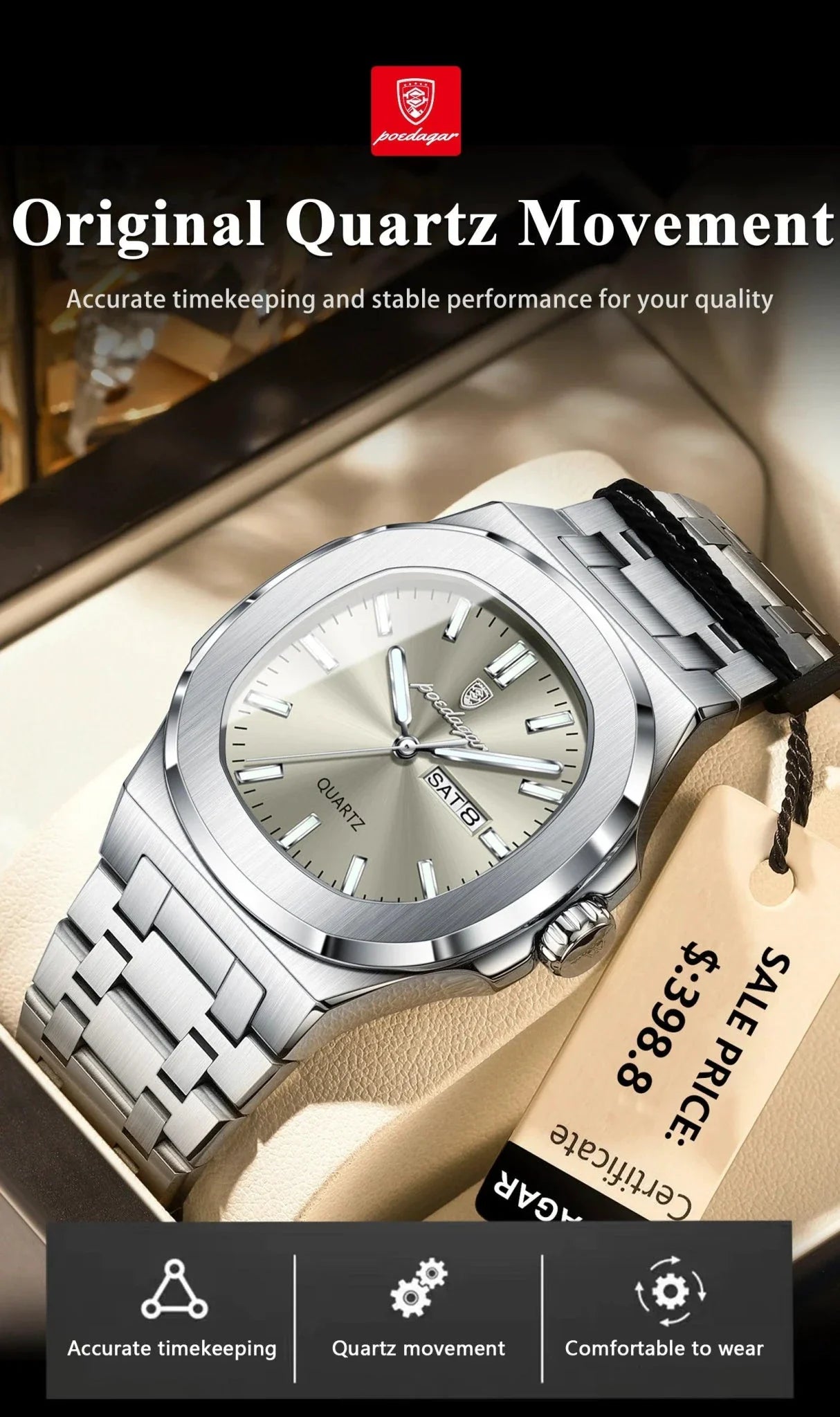 POEDAGAR Military Square Watch for Men - Waterproof, Luminous, Date & Week Display, Stainless Steel Quartz