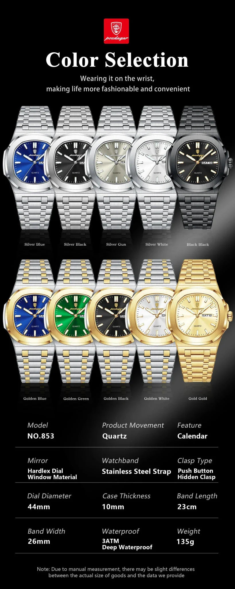 POEDAGAR Military Square Watch for Men - Waterproof, Luminous, Date & Week Display, Stainless Steel Quartz