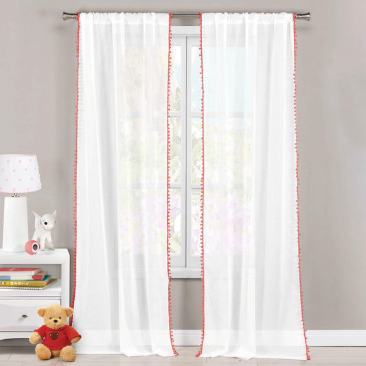 Set of 2: Pompom Semi-Sheer Window Curtain Pair Panel