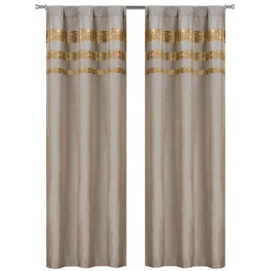 Set of 2: Velvet Metallic Stripe Border Blackout Window Curtain Pair Panel