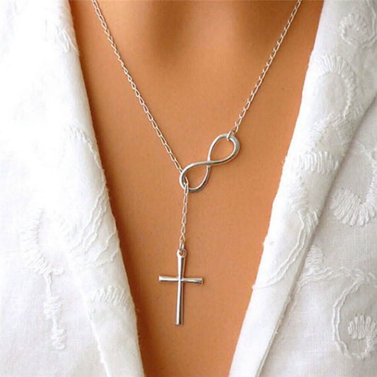 Silver Filled High Polish Finish Infinity Drop Cross Lariat Necklace