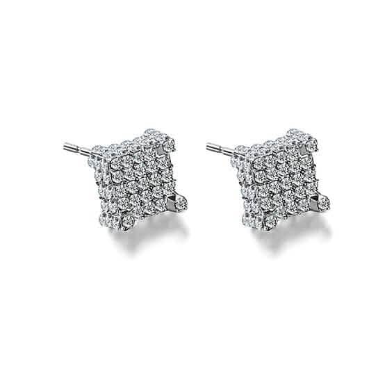 Silver Micro Pave Stud Earrings Clear Square 3D Sidestones