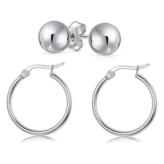 Solid Sterling Silver Hoop And Ball Set