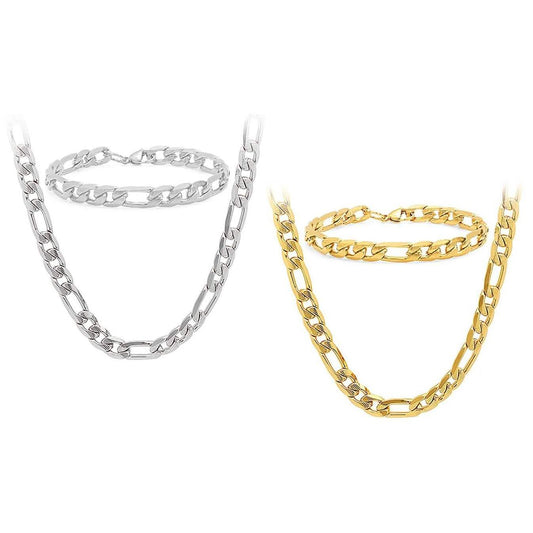Stainless Steel Figaro Chain and Bracelet Set for Men