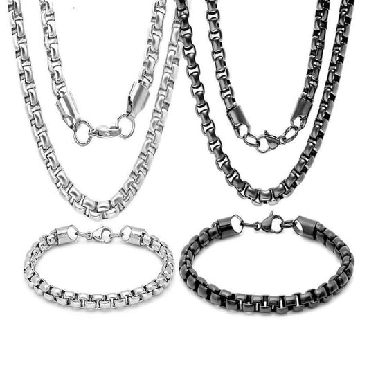 Steeltime Men's 7mm Round Box Stainless Steel Necklace and Bracelet