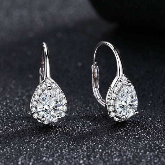 Sterling Silver Pear Omega Lever-back Halo Earring With Swarovski Crystals