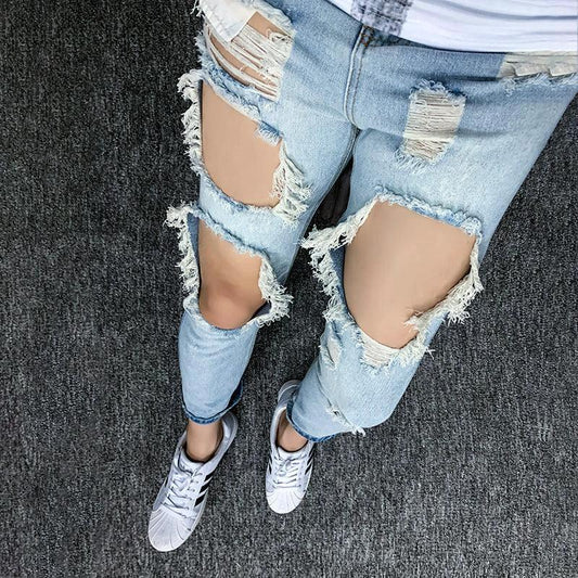Summer Big Ripped Oversized Jeans Men's Cropped Jeans Men's Trendy K-style Beggar Scrape Cropped Ripped Pants