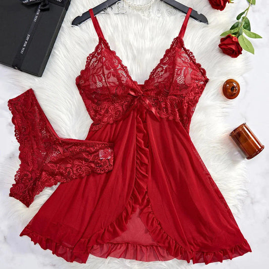 Seductive Lace Nightdress & Panty Set - Transparent Red Sleepwear for Confident Women