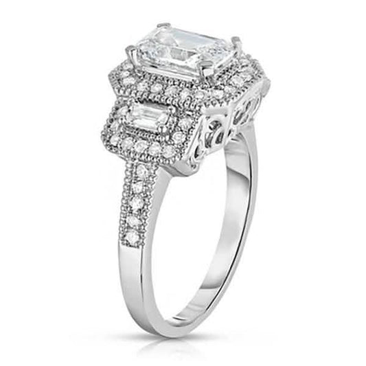 Tri Stone Emerald Cut Cubic Zirconia Ring in 18k White Gold - Size: 9