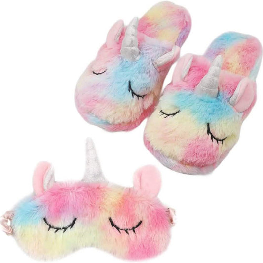 Unicorn Plush Slippers and Eye Mask Set
