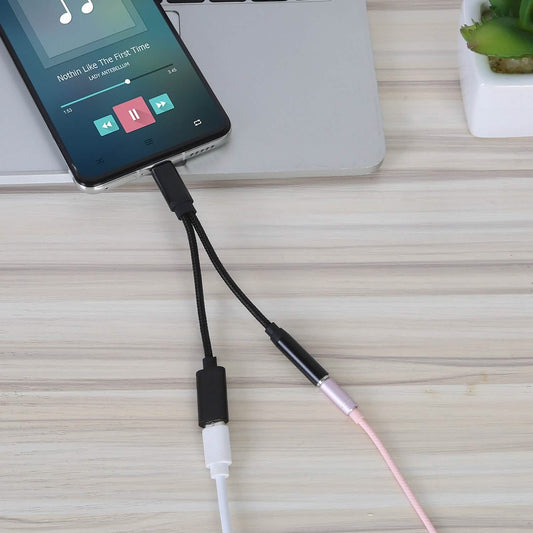 USB Type-C to 3.5mm Aux Audio Charging Adapter Braided Headphone Jack Splitter Cable