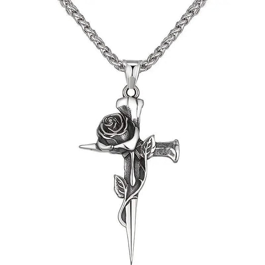 Vintage-Inspired Men's Titanium Steel Pendant Necklace - Unique Keel Chain Design with Cross and Rose Accents