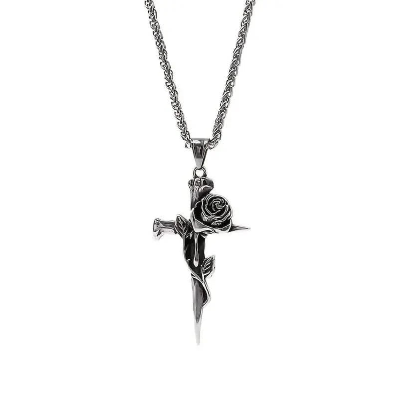 Vintage-Inspired Men's Titanium Steel Pendant Necklace - Unique Keel Chain Design with Cross and Rose Accents