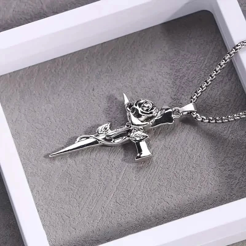 Vintage-Inspired Men's Titanium Steel Pendant Necklace - Unique Keel Chain Design with Cross and Rose Accents