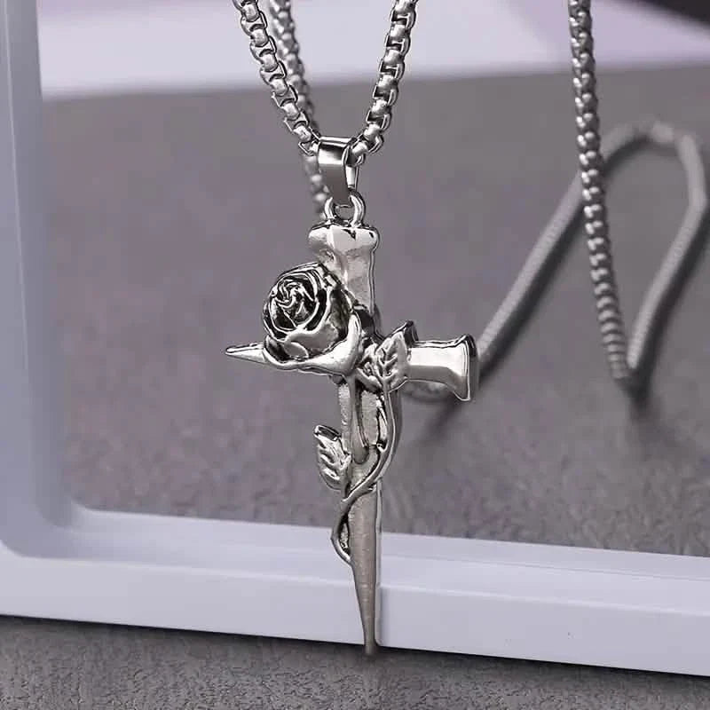 Vintage-Inspired Men's Titanium Steel Pendant Necklace - Unique Keel Chain Design with Cross and Rose Accents