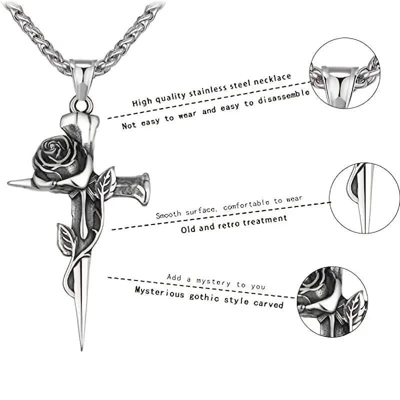 Vintage-Inspired Men's Titanium Steel Pendant Necklace - Unique Keel Chain Design with Cross and Rose Accents