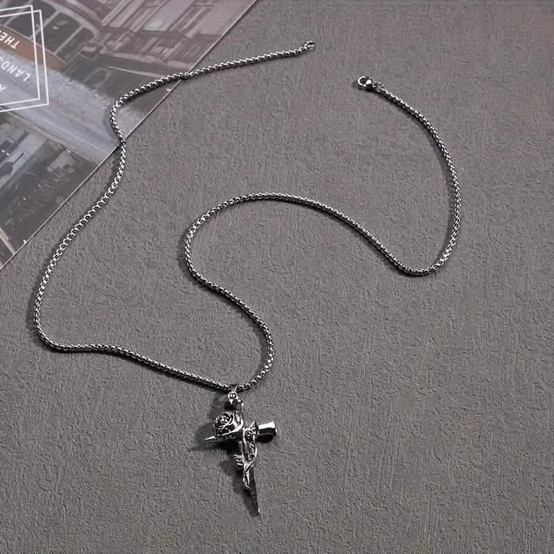 Vintage-Inspired Men's Titanium Steel Pendant Necklace - Unique Keel Chain Design with Cross and Rose Accents
