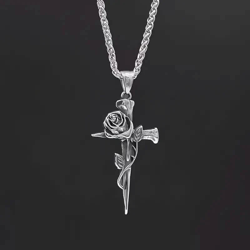 Vintage-Inspired Men's Titanium Steel Pendant Necklace - Unique Keel Chain Design with Cross and Rose Accents
