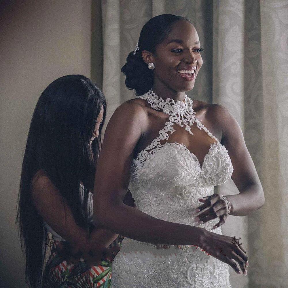 Vintage Lace Beaded Mermaid Wedding Dress - Sheer Neck Bridal Gown