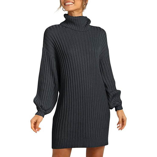 Women Turtleneck Long Lantern Sleeve Casual Loose Oversized Sweater Dress