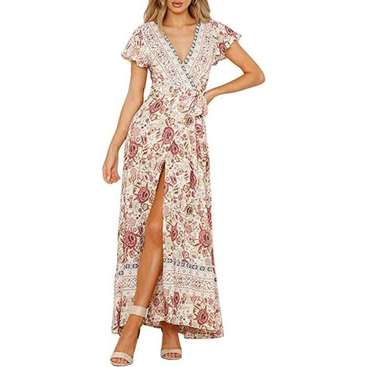 Women's Bohemian Floral Printed Wrap V Neck Maxi Dress