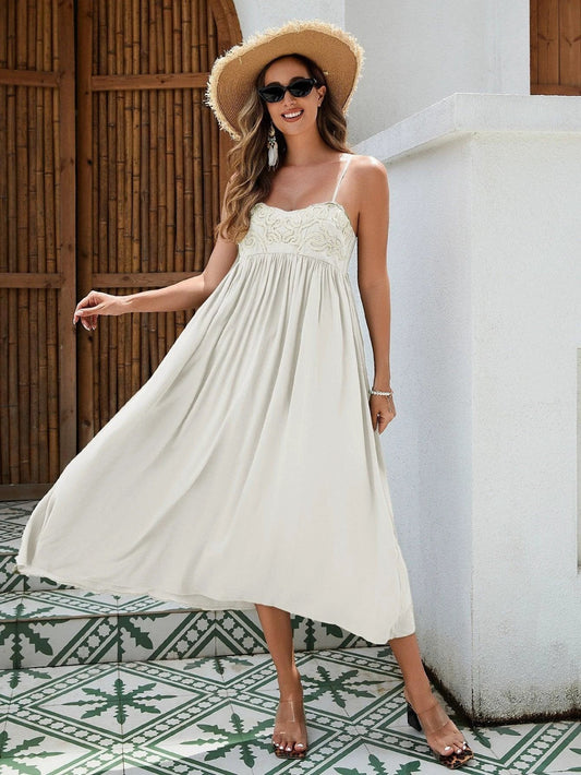 Women's Bohemian Maxi Dress - Breathable Rayon Fabric With Embroidered Bust And Elastic Back, Flowy Skirt In Black, White, And Green