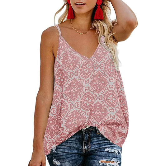 Women's Boho Floral V Neck Spaghetti Straps Tank Top Summer Sleeveless Shirts Blouse