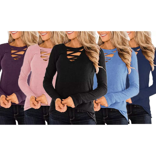 Women's Casual Long Sleeve T-Shirt Criss Cross V-Neck Basic Tees Tops