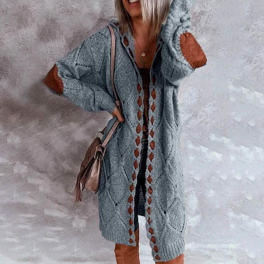 Women's Knitted Color Block Hooded Cardigan Sweater