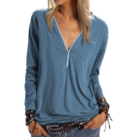 Women's Long Sleeve Zipper Quarter Zip V Neck Casual Top